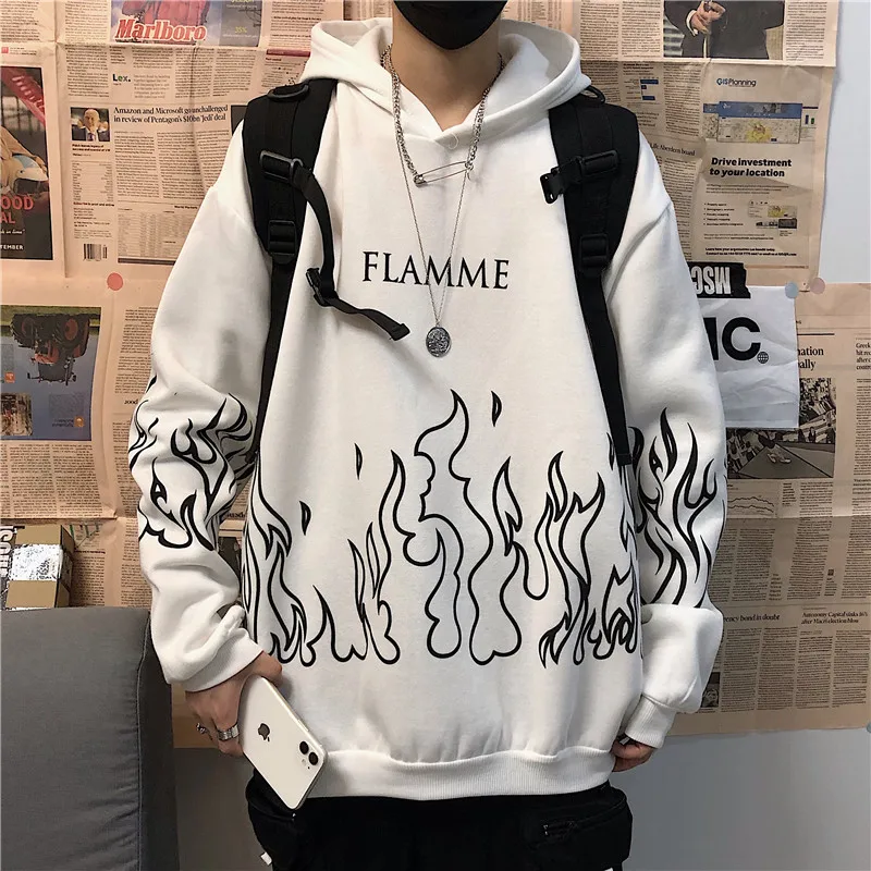 

Korean Version of the Autumn and Winter Thick Loose -Fit Men 's Women 's Harajuku College Wind Flame Hoodie-2020 New Lovers Top