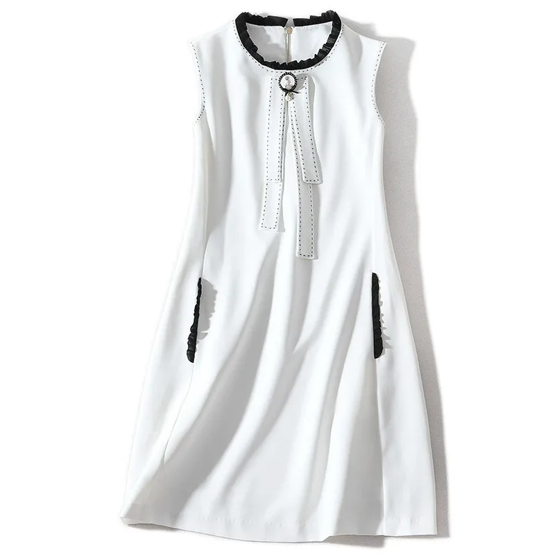

Spring Summer Top Quality Womens Sleeveless Vest Dresses Fashion O-Neck Bow Lace Up Ruffle Patchwork Slim Ladies A-Line Dresses