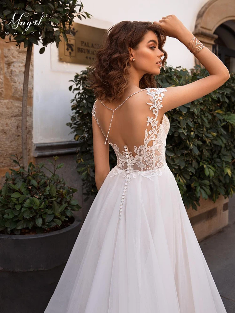 

MNGRL Simple Retro Wedding Dress White Lace 3D Flower Wedding Gown Backless Plus Size Tail Bridal Dresses Fluffy Skirt