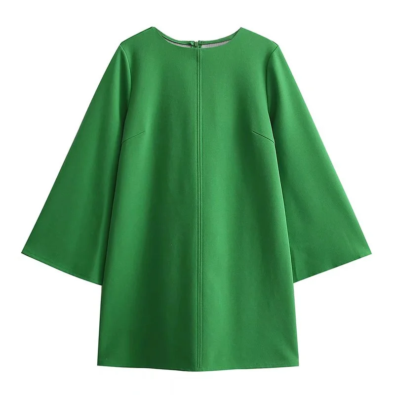 

ZXQJ, женское зеленое короткое платье, осень 2021, модное женское свободное уличное платье на молнии с круглым вырезом и рукавом-колокольчиком, ...