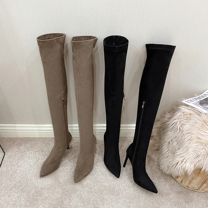 

MStacchi Classics Botas Women Suede Pointed Toe Zipper-Side Plush High Heel Shoes Winter Female Over Knee Boots Big Size 33-45