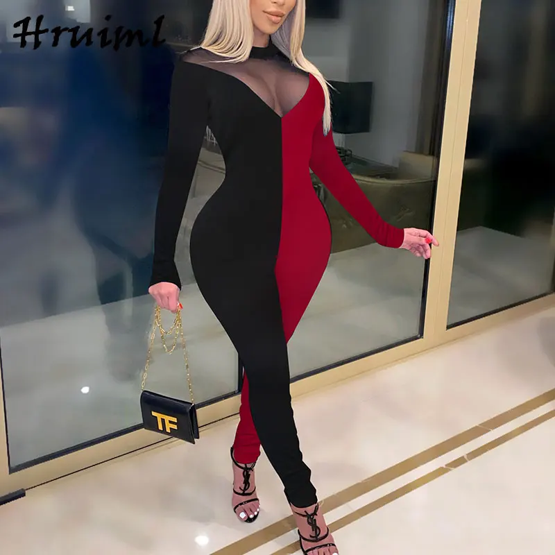 

Rompers Women Color Matching Long Sleeve Jumpsuit Women Mesh See Through Patchwork Night Club Fashion Body Suits for Women
