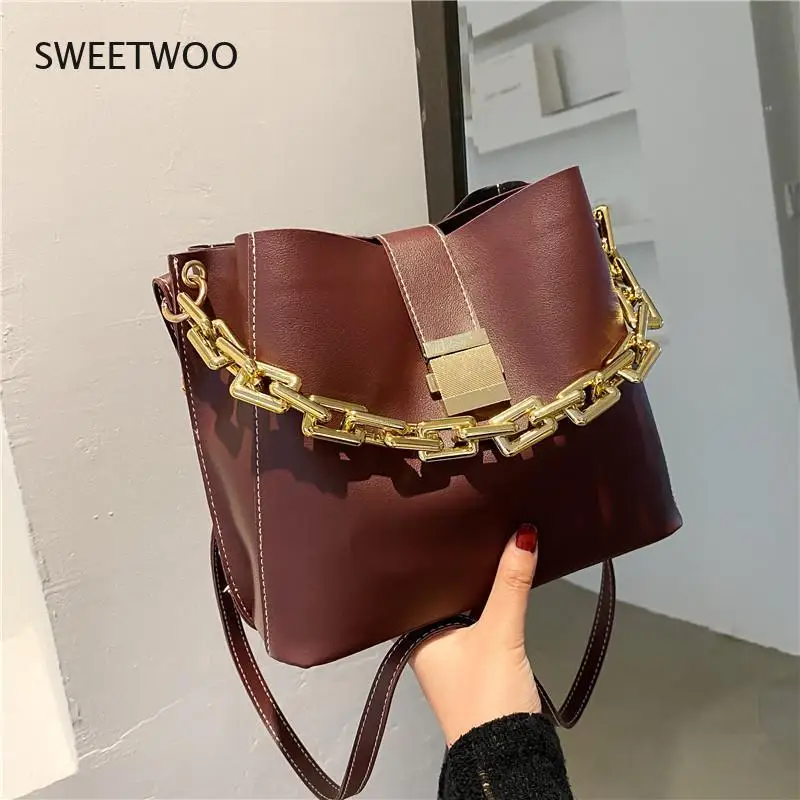 

Fashion PU Leather Women's Bucket Bag Luxury Retro Chain Messenger Bag Simple Shoulder Bag Casual Tote Bag