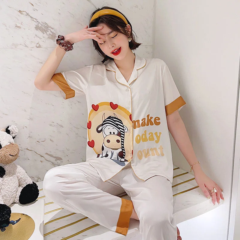 Women's pajamas ice silk summer short sleeve cartoon love calf cute and fresh home dress can be worn over the printed suit