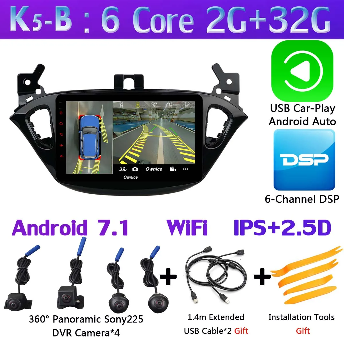 K5-B-CarPlay 1Din 360 ° 4 × камера 4G LTE Android 9,0 4G+ 64G gps радио CarPlay SPDIF DSP Автомобильный мультимедийный плеер для Opel Vauxhal Corsa E - Цвет: K5-B-CarPlay