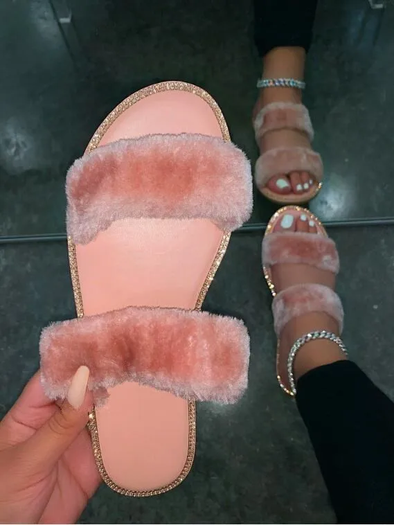

Hot 2021 autumn winter fox hair soft Double layer smooth flat rhinestone casual all-match our slippers outdoor women sandals