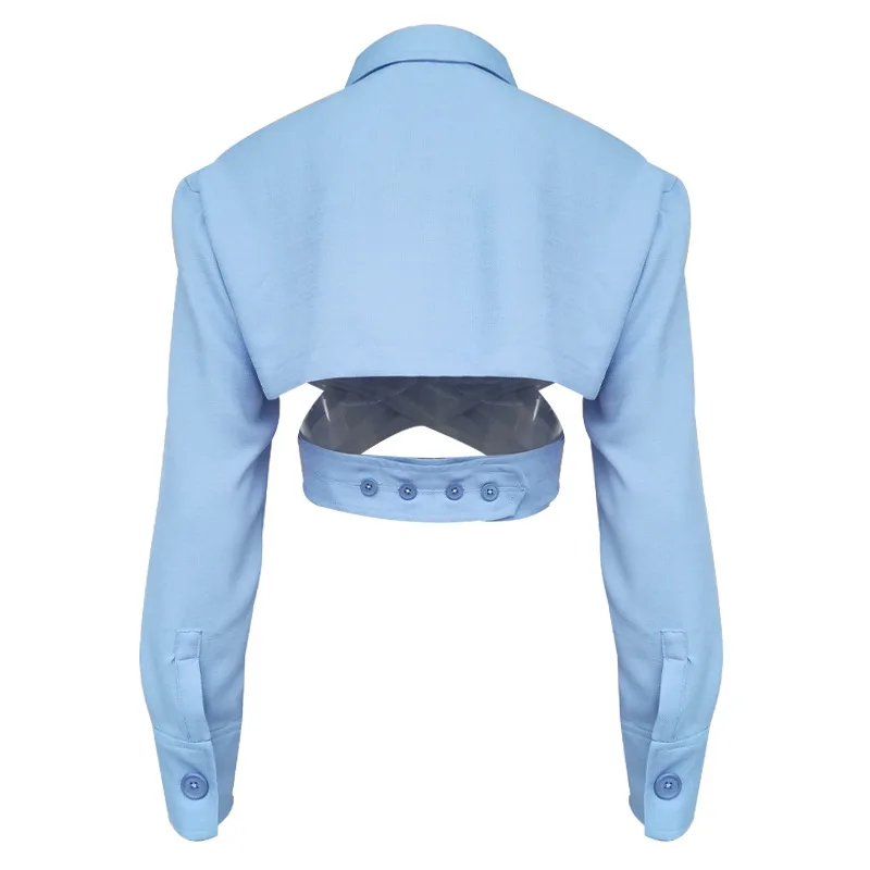 Осень 2019 Новый Однотонный женский костюм воротник длинный рукав открытая спина