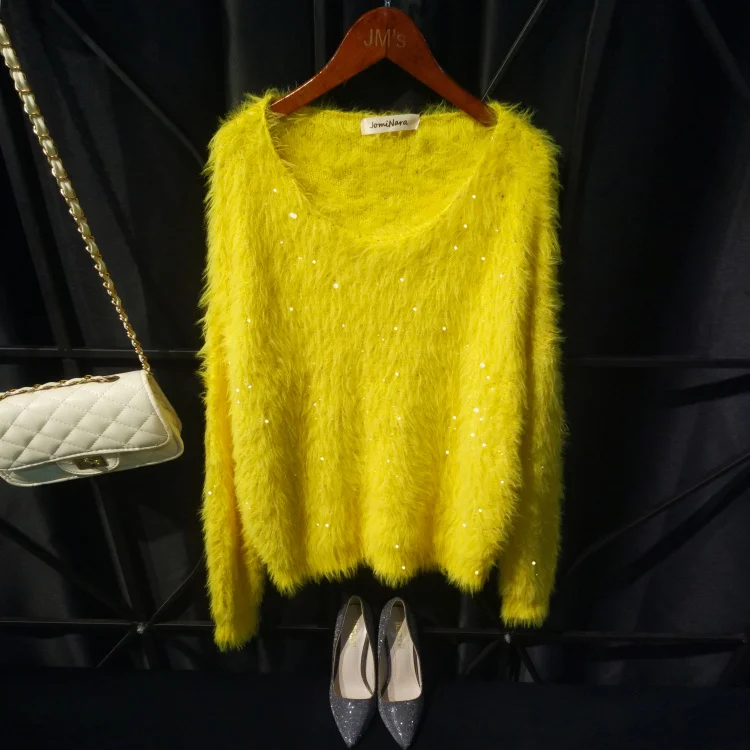 Джемпер женский из искусственного меха норки с длинным рукавом и круглым вырезом