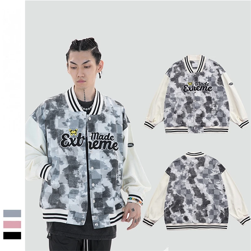 

Spring Autumn Fashion Casual Cotton Jacket Men and Women Color Gradient Plaid Stitching Embroidery Sport Baseball Jackets Coats