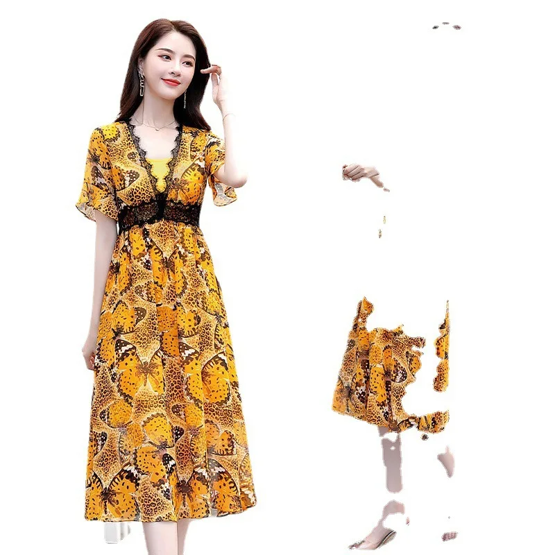 

Floral Chiffon Dress summer women's 2021 new French V-neck high waist mid length summer skirt