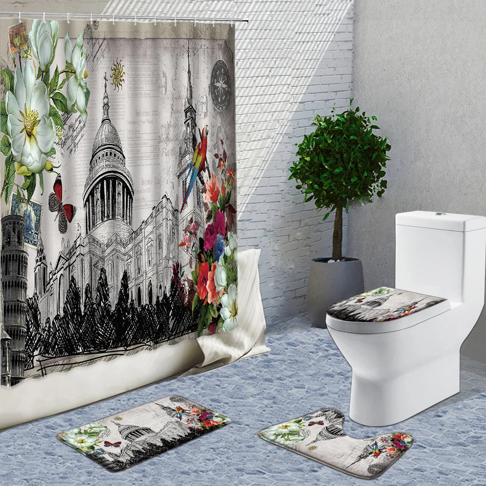 

Retro British Style Black And White Building And Flowers Shower Curtains 4 Sets Bath Curtain Toilet Door Mats Floor Rugs Carpet