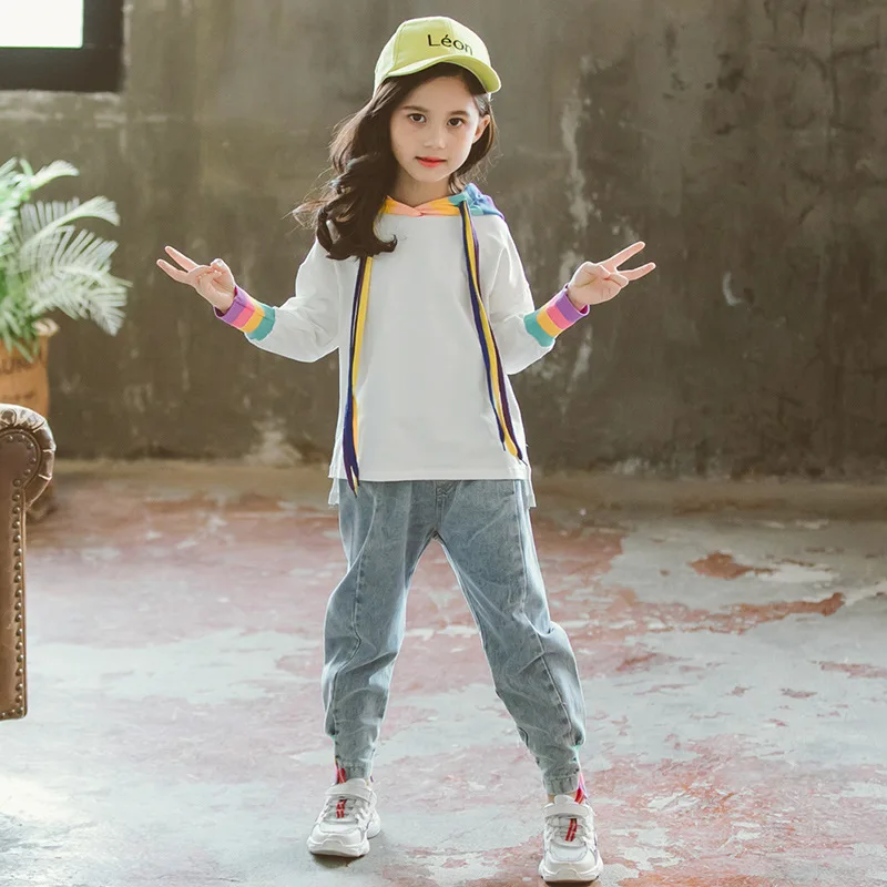 Спортивная одежда для девочек радужная Толстовка + джинсы 2 шт. на весну и осень