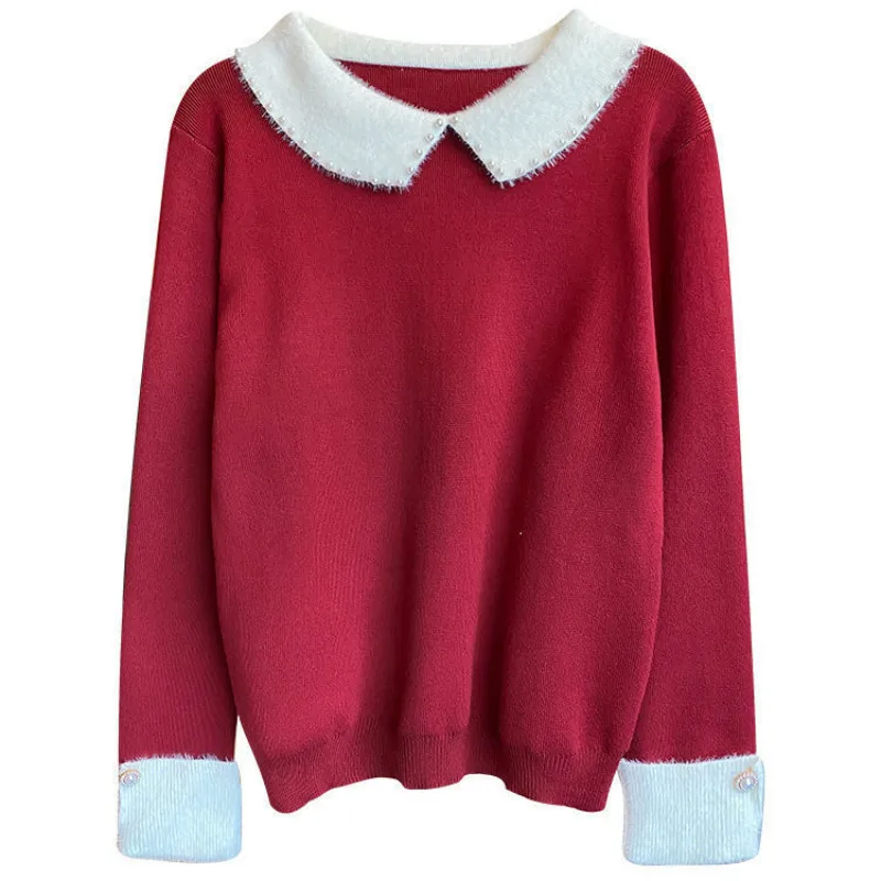 

2021 New Spring Autumn Women Sweet Beaded Sweater Turndown Collar Long Sleeve Loose Slim Women Knit Pullover Sweaters Y548
