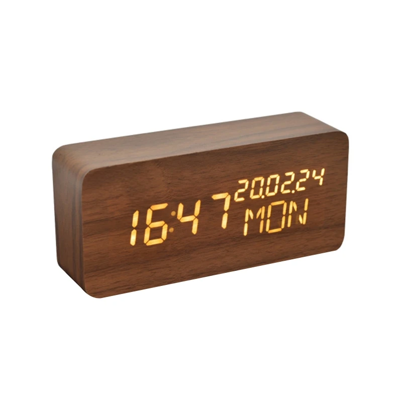 

Desktop LED Temperature and Humidity Dual Display Wooden Alarm Clock Electronic Digital Display Multifunction Table