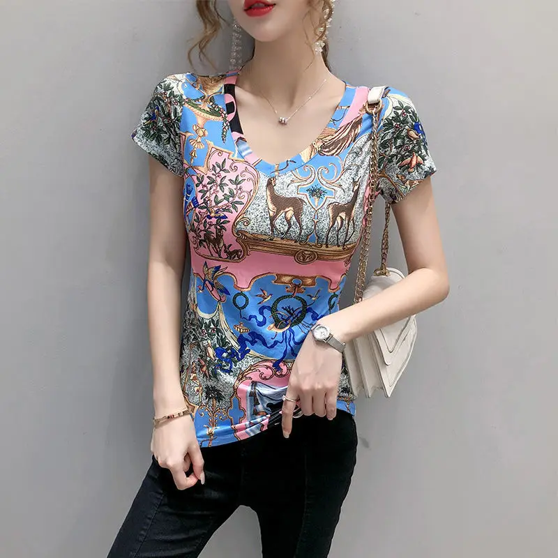 

Printed V-neck short sleeve T-shirt women's 2021 spring and summer women's new fashion base shirt loose and thin versatile top