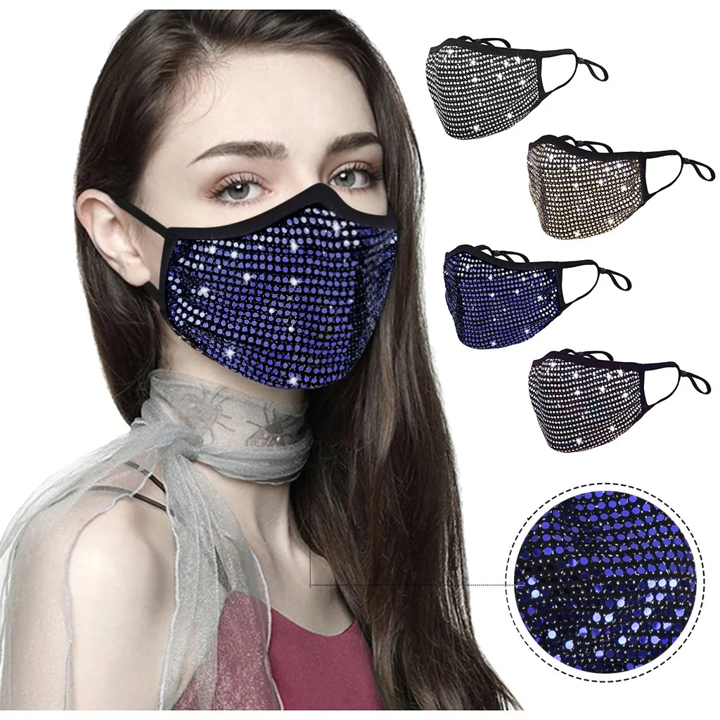 

4PCS Ladies Rhinestone Crystals Dustproof protection Face Masks Outdoor Reusable Washable Masquerade Party Mouth Masks Drop Ship