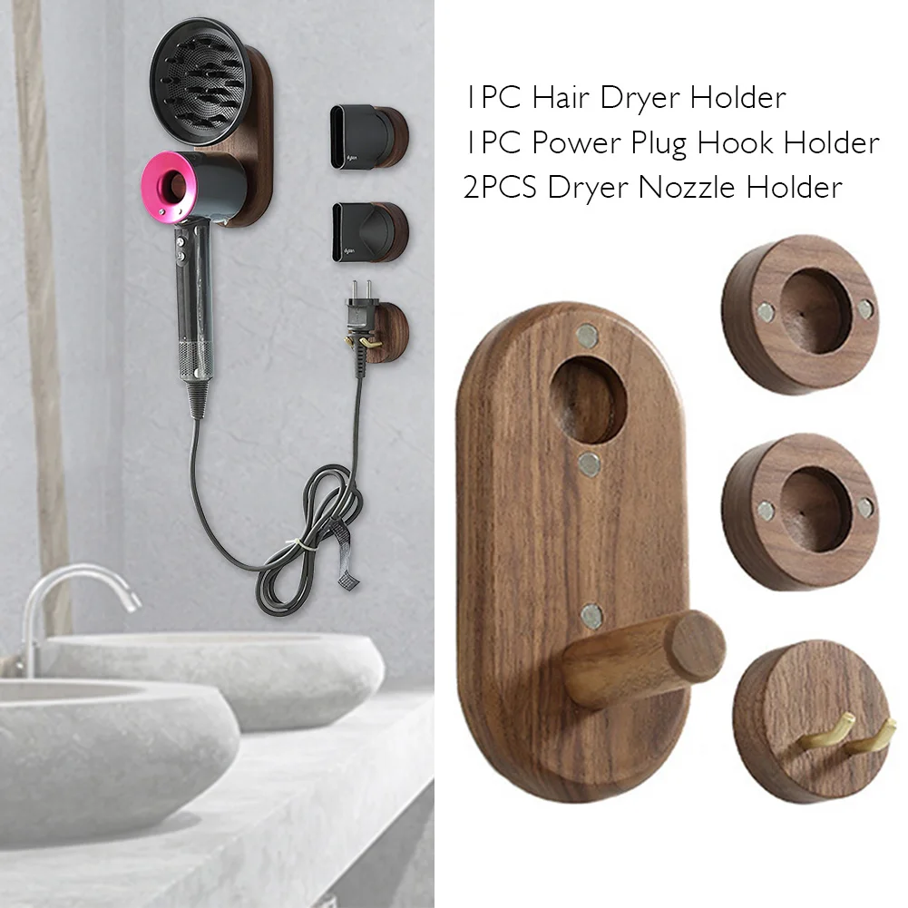 

Wall Mount Accessories Rustic Walnut Wood Durable Nozzles Easy Install Bathroom Storage Organizer Hair Dryer Holder For Dyson