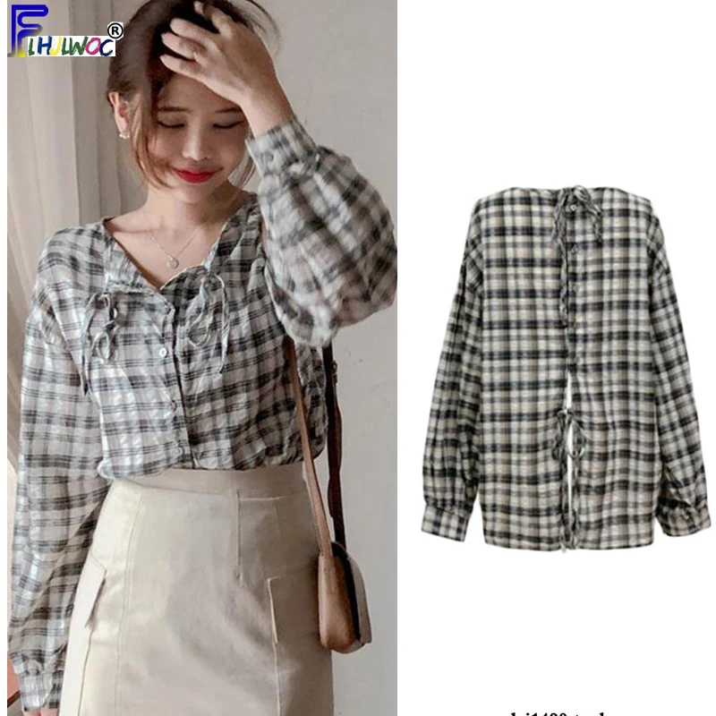 Женская блузка в клетку размера плюс осенняя с длинным рукавом и галстуком