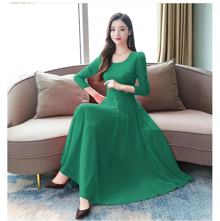 Green Dress Длинное Макси платье осень зима длинный рукав плюс размер шифоновое платье миди винтажное элегантное женское облегающее вечерние платья Vestidos - Цвет: Green Dress