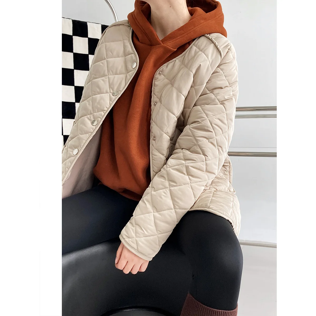 Autumn and Winter New Diamond Plaid Cotton-Padded Clothes for Women Loose Fashionable Cotton Coat Coats and Jackets Women