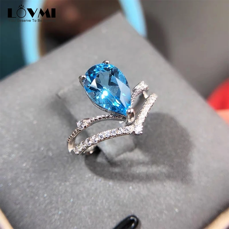 

Fashion 925 Sliver Woman Rings Aquamarine Blue Gemstone Water Drop Shape Wedding Ring Engagement Party Gift Adjustable Jewelry