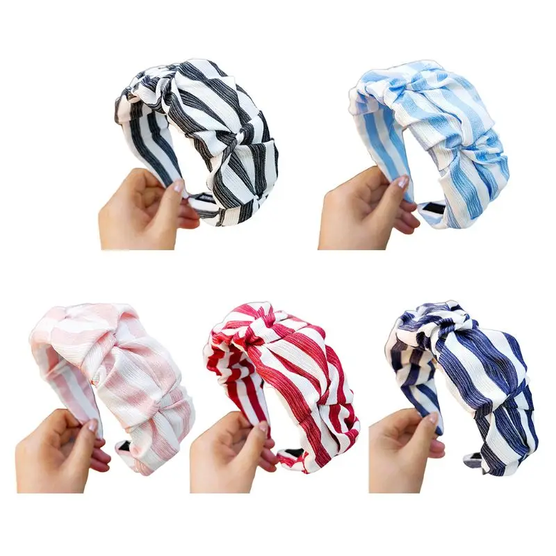 

Vintage Striped Women Summer Hair Hoop Pleated Wrinkled Wide-Brimmed Bandana