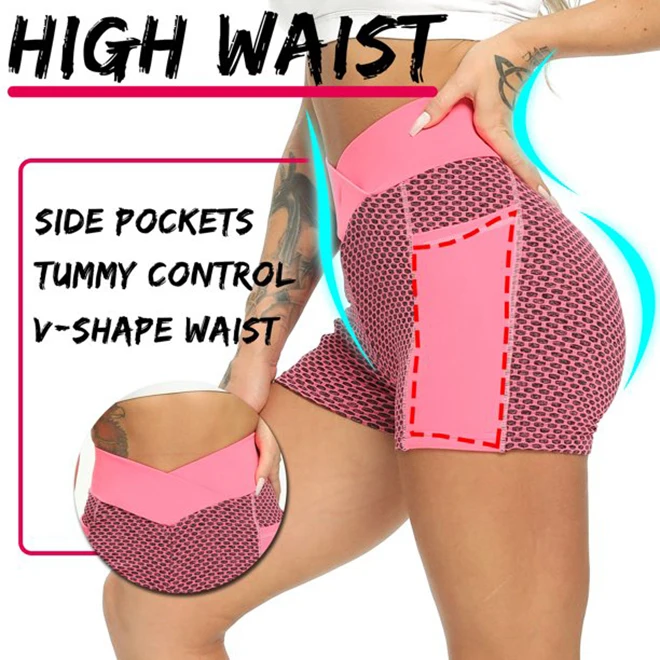 High V-waistband Sport Shorts with Side Pocket for Women Honeycomb Texture Butt Lift Leggings Fitness Gym Yoga Biker Short Pants
