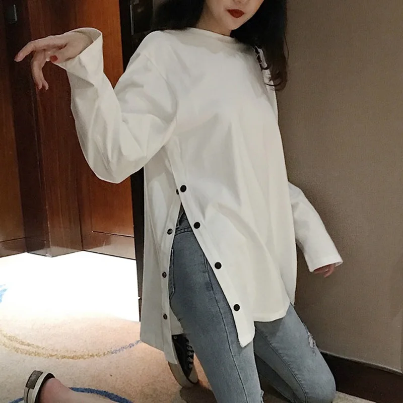 

Harajuku - Spring Long Side Buttons Women T-Shirt O-Neck Plain Loose Vogue Clothing Black and White Color