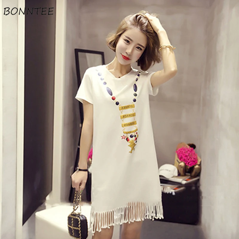 

Платье женское с коротким рукавом, повседневная универсальная элегантная одежда с принтом и кисточками, простая Весенняя шикарная одежда в...