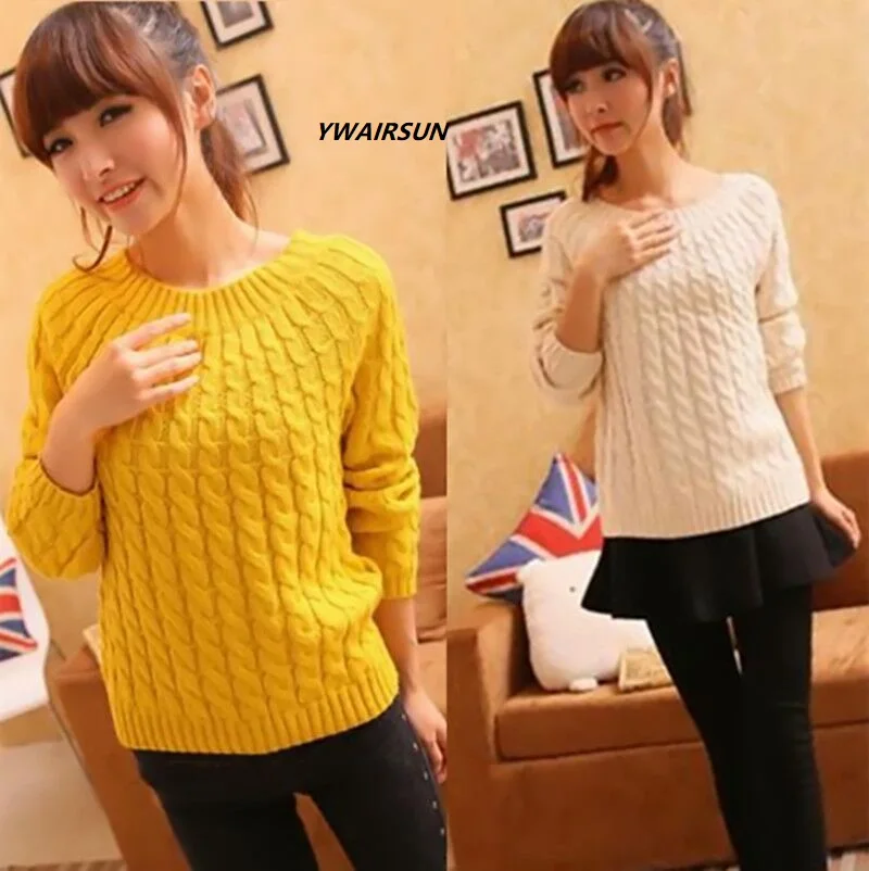 

Классический женский свитер YWAIRSUN, желтый, Свободный пуловер в Корейском стиле, однотонный, вязаный, мягкий