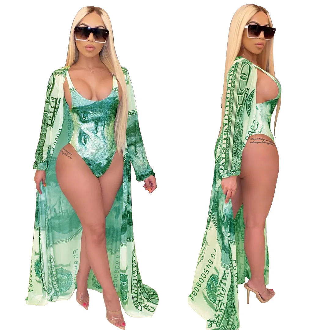 European and American women's 2021 swimsuit fashion casual print Cape + bikini split swimsuit with belt