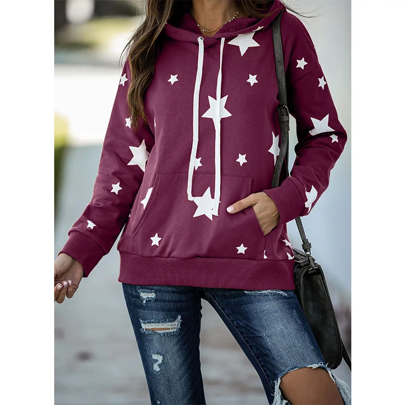 

2021 hot style women's top five-pointed star print long-sleeved hooded sweater women