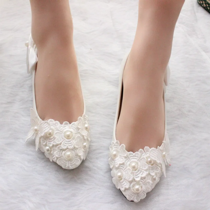 BaoYaFang White bow flat Bridesmaid shoes pearl handmade flower wedding dress women shoes Bridal Photo matching shoes