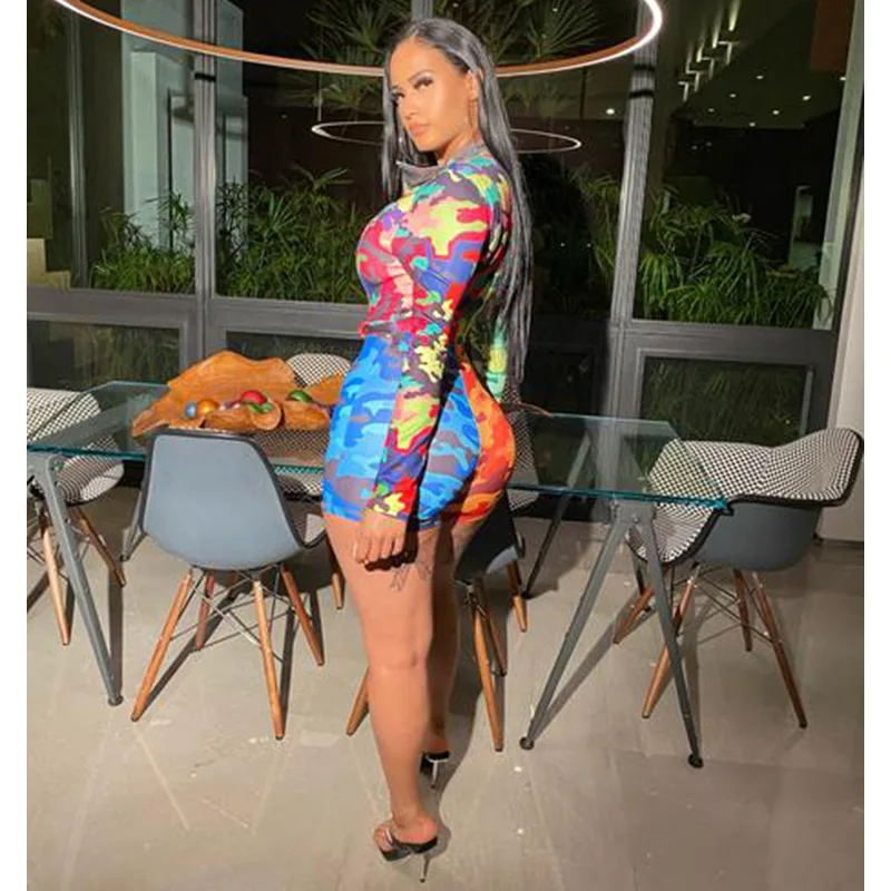 Fashion rainbow camouflage print lady playsuits turn-down collar long sleeve sexy overall club shorts | Женская одежда