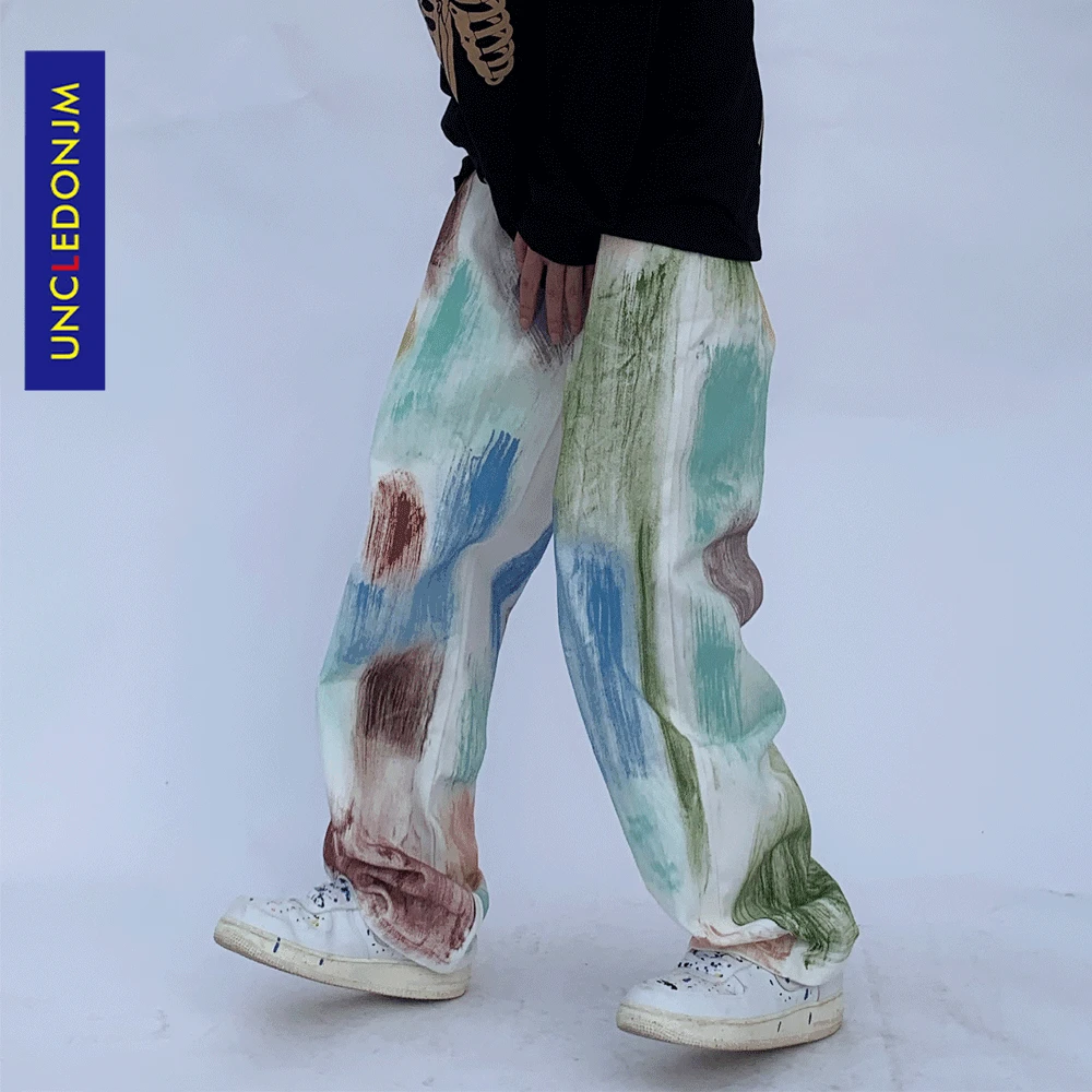 

Мужские джинсы UNCLEDONJM с начесом, уличные Мешковатые повседневные дизайнерские брюки в стиле хип-хоп для скейтборда с ручной росписью