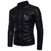 autumn and winter high quality mens solid color zipper pocket standing collar slim motorcycle fleecy warm mens leather jacket