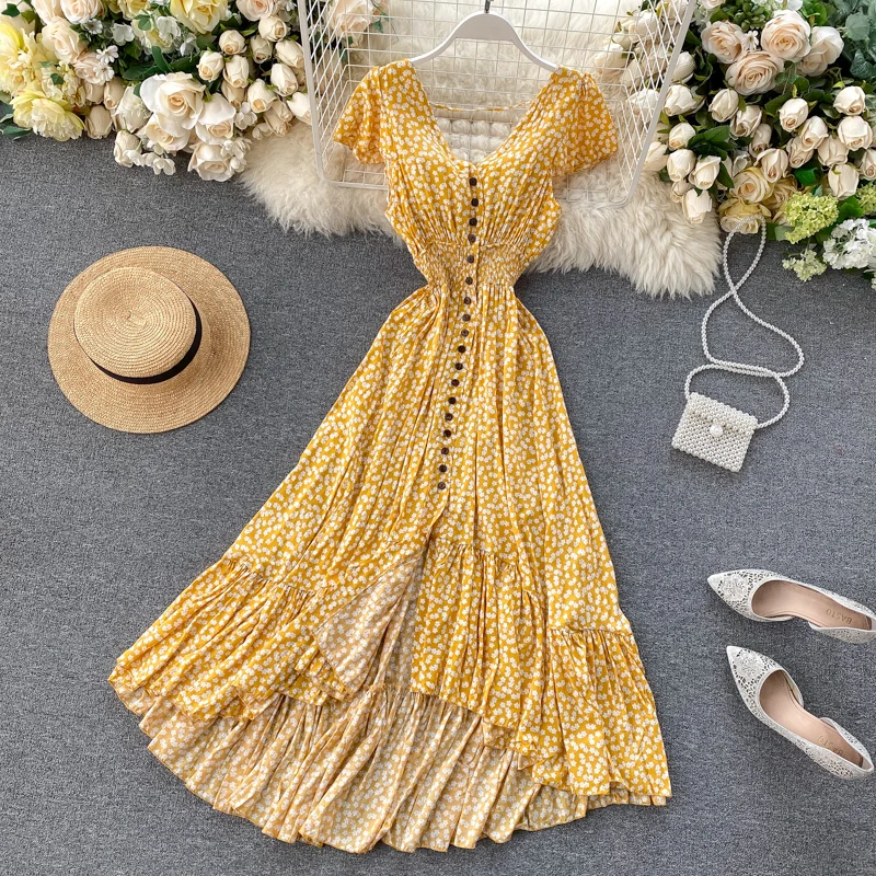 ALPHALMODA 2020 New Holiday Backless Floral Dress Irregular Design Single Breasted Slim Waist Women Beach Seashore Resort | Женская