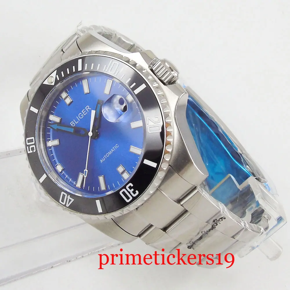 Черный керамический ободок 43 мм bliger синий циферблат Дата сапфировое стекло