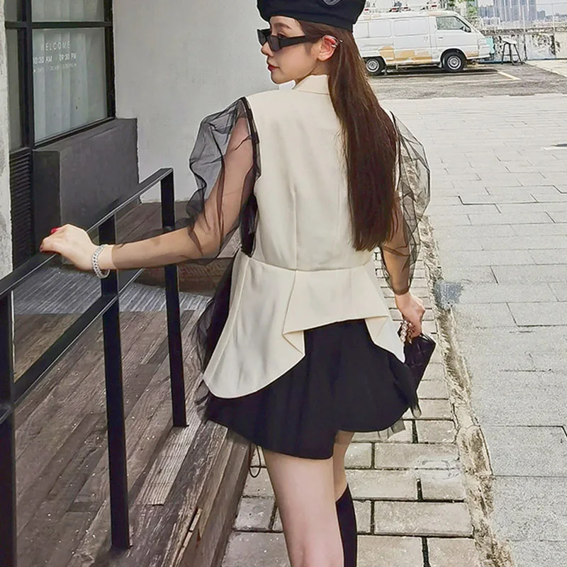 

SeeBeautiful Mesh Puff Sleeve Stitching Loose Shirt Notched Single Breasted Irregular New Fashion Summer 2021 Woman G092