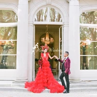 Charming Red Tiered Ruffled Pleated Tulle Wedding Dress With Long Train Sexy Deep V-Neck Sheer Tulle Evening Dresses vestidos