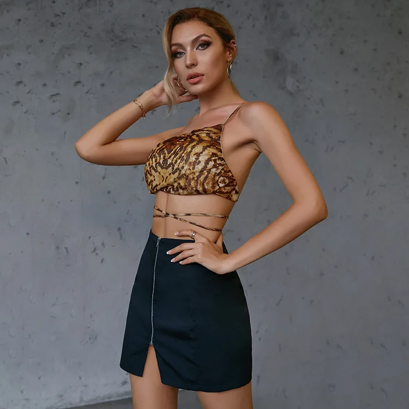 

Summer 2021 Brown Leopard Print Crop Top Sexy Spaghetti Strap Tank Tops Mujer Lace Up Backless Camisoles High Waist Women Vest