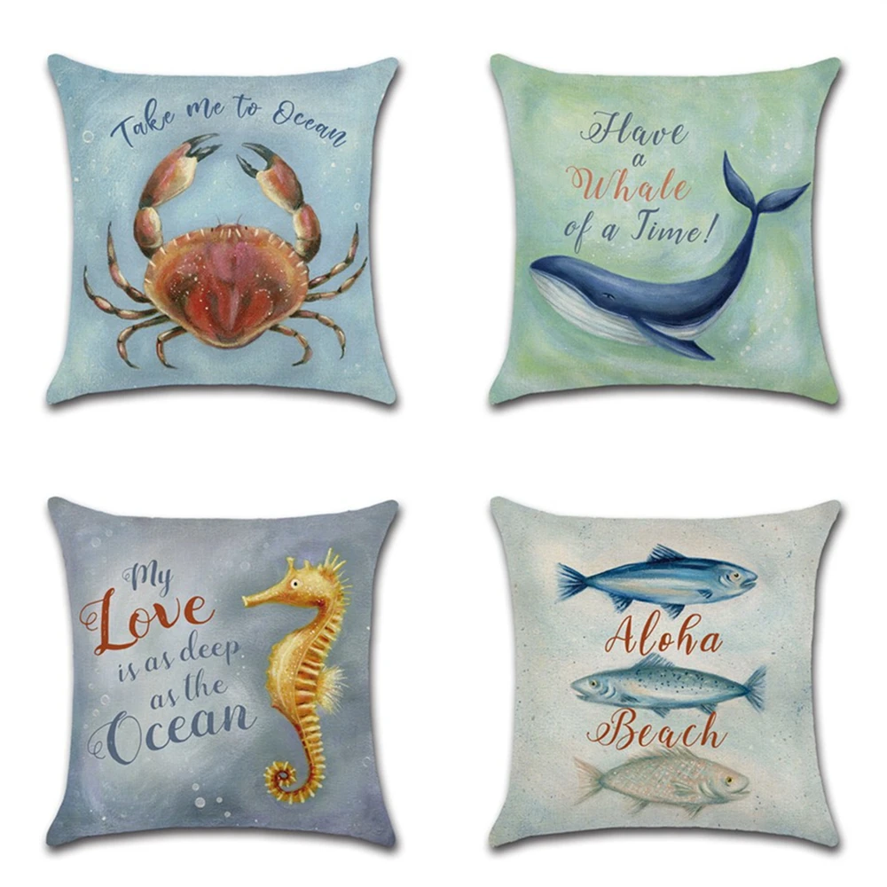 

3D Sea Animals Pillow Case Whale FIsh Printing Waist Cushion Cover 45*45cm Linen Car Sofa Seahorse Crab Pillowcase Home Decor