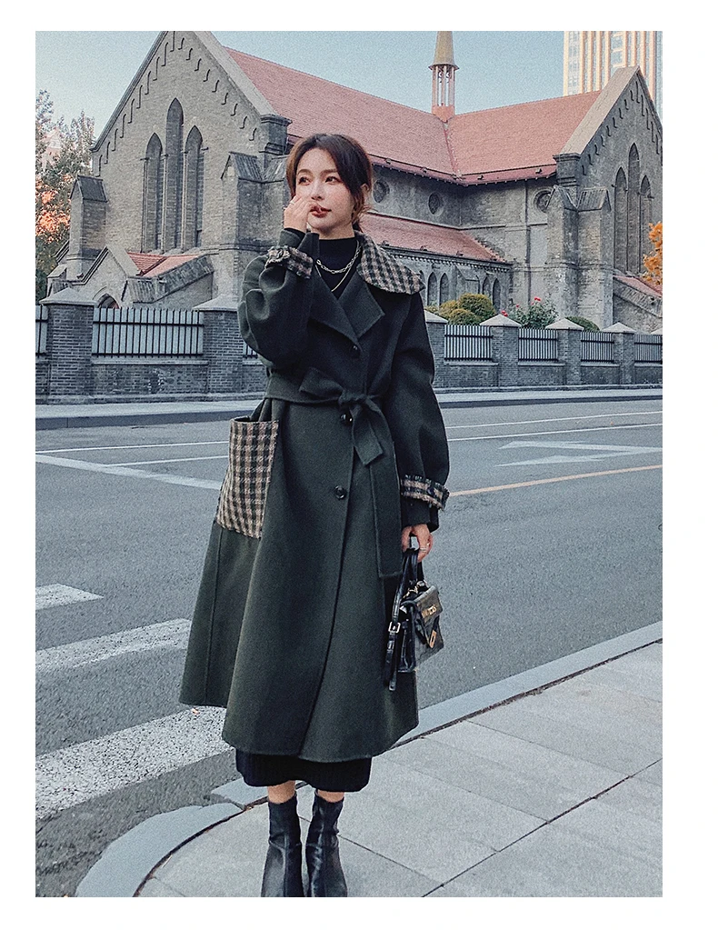 

Winter Clothes Women Vintage Elegant Splice Plaid Long Bandage Woolen Coat Office Lady Korean Loose Casual Windbreaker Overcoat
