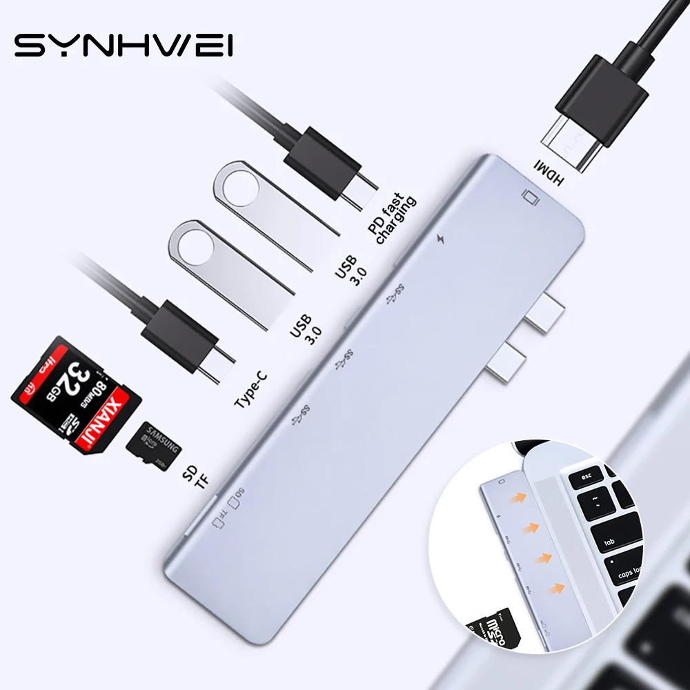 

7 in 1 USB C HUB Adapter PD Charge HDMI SD/TF Card Reader 7 Port Type C Docking Station Support MacBook Pro Air Accessories