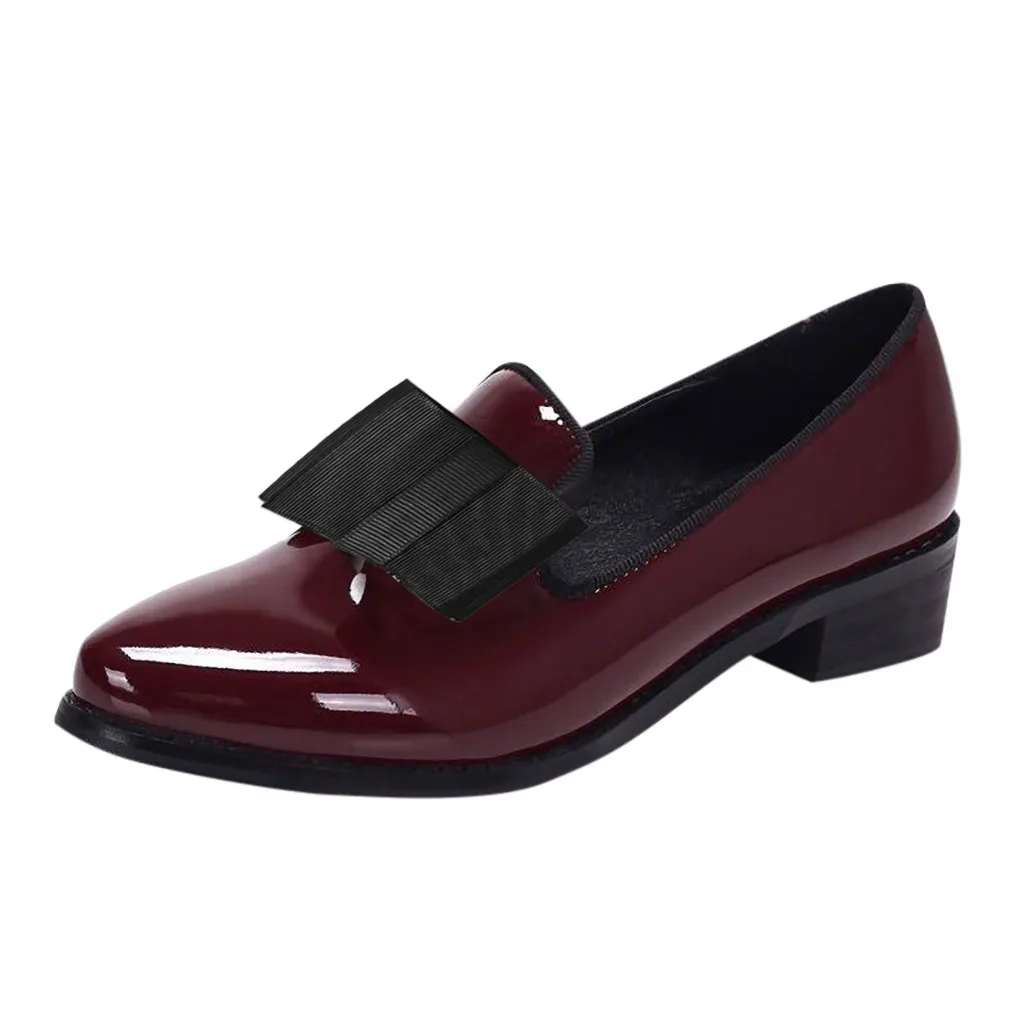 

Fashion Women Pumps Shoes Bowknot Shiny Patent Leather Block Chunky Low Heels Single Shoes Woman Pointed Toe Pumps Zapato Mujer
