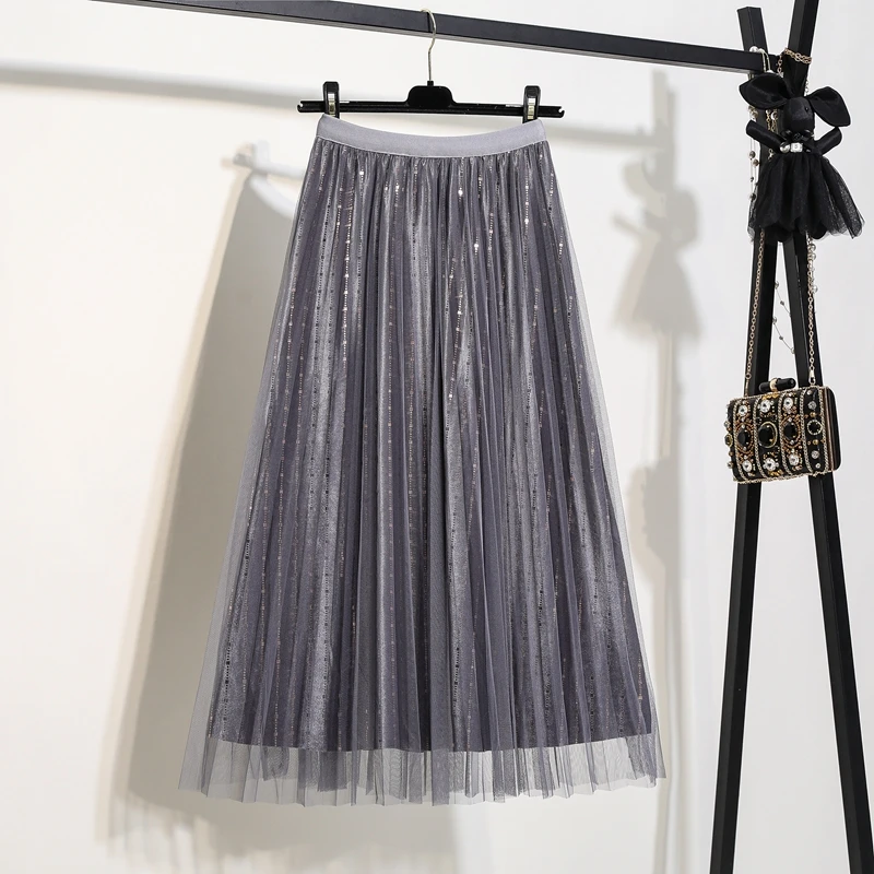 Длинная Тюлевая юбка осень зима блестящая бархатная бежевая серая зеленая