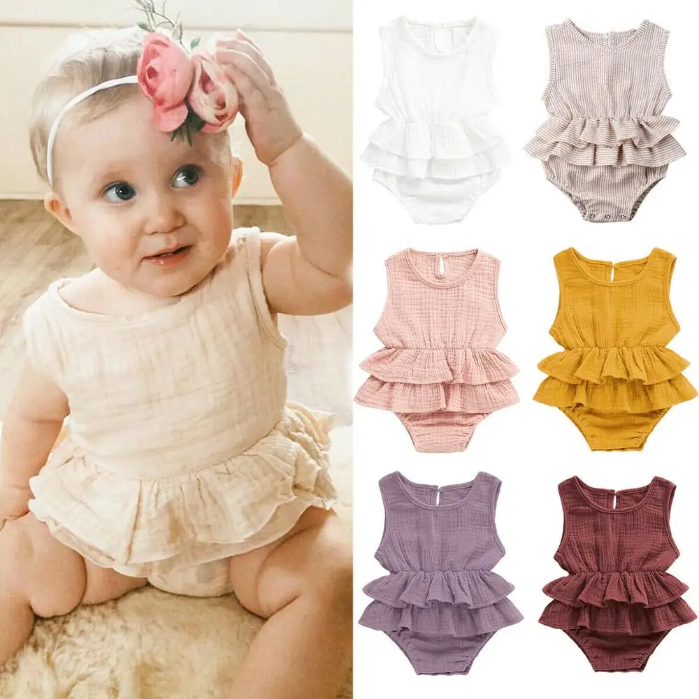 

USA Baby Kids Girls Rompers Solid Color Sleeveless Striped Bubble Tutu Dress Outfit Newborn Infant Baby Clothes Lovely