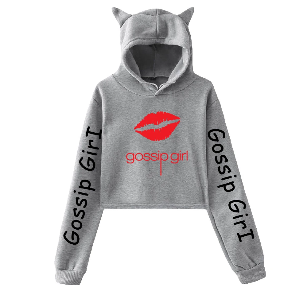 

Gossip Girl Printed Cat Cropped Hoodies Women Long Sleeve Hooded Pullover Crop Tops Hot Sale Casual Harajuku Streetwear Clothes