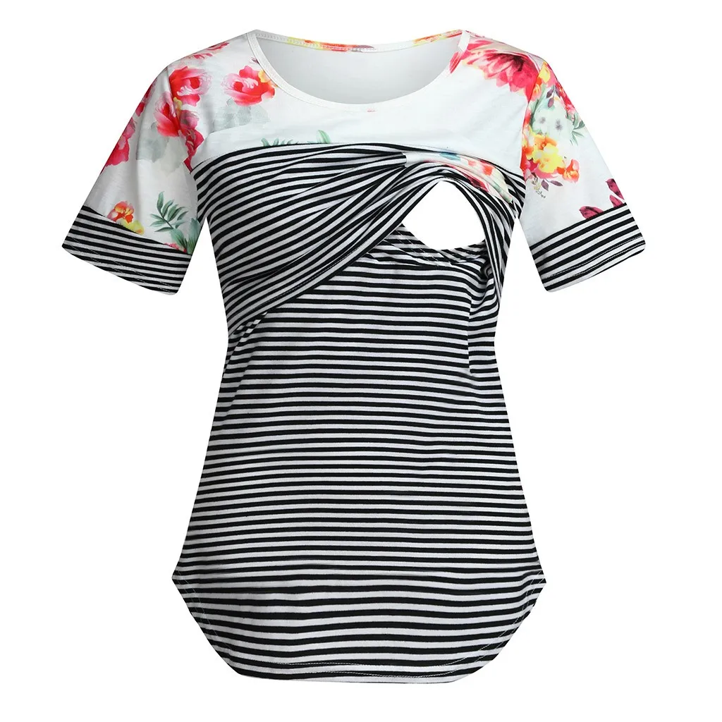 

Women's Pregnancy Short Sleeve Tops Fashion Printed Stripes Stitching Pregnant Blouse Breastfeeding Nusring Maternity Clothes#fs