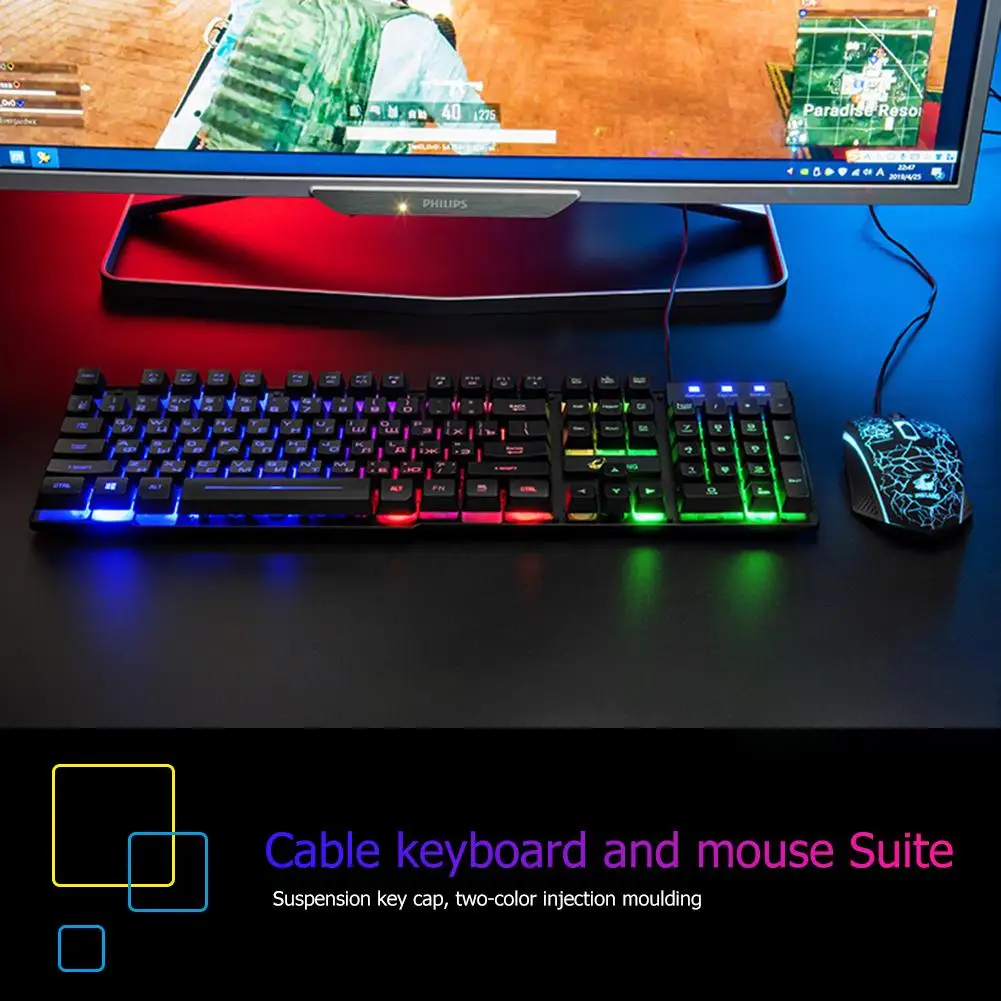 

Wired Backlit 104 Keys Gaming Keyboard Four DPI adjustable Mechanical Mouse Two-color Injection Molding Colorful Light